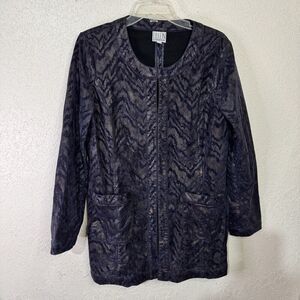 Ellen & Company Jacket Duster Woman M Black Gold Shimmer Pattern Hook‎ Closure